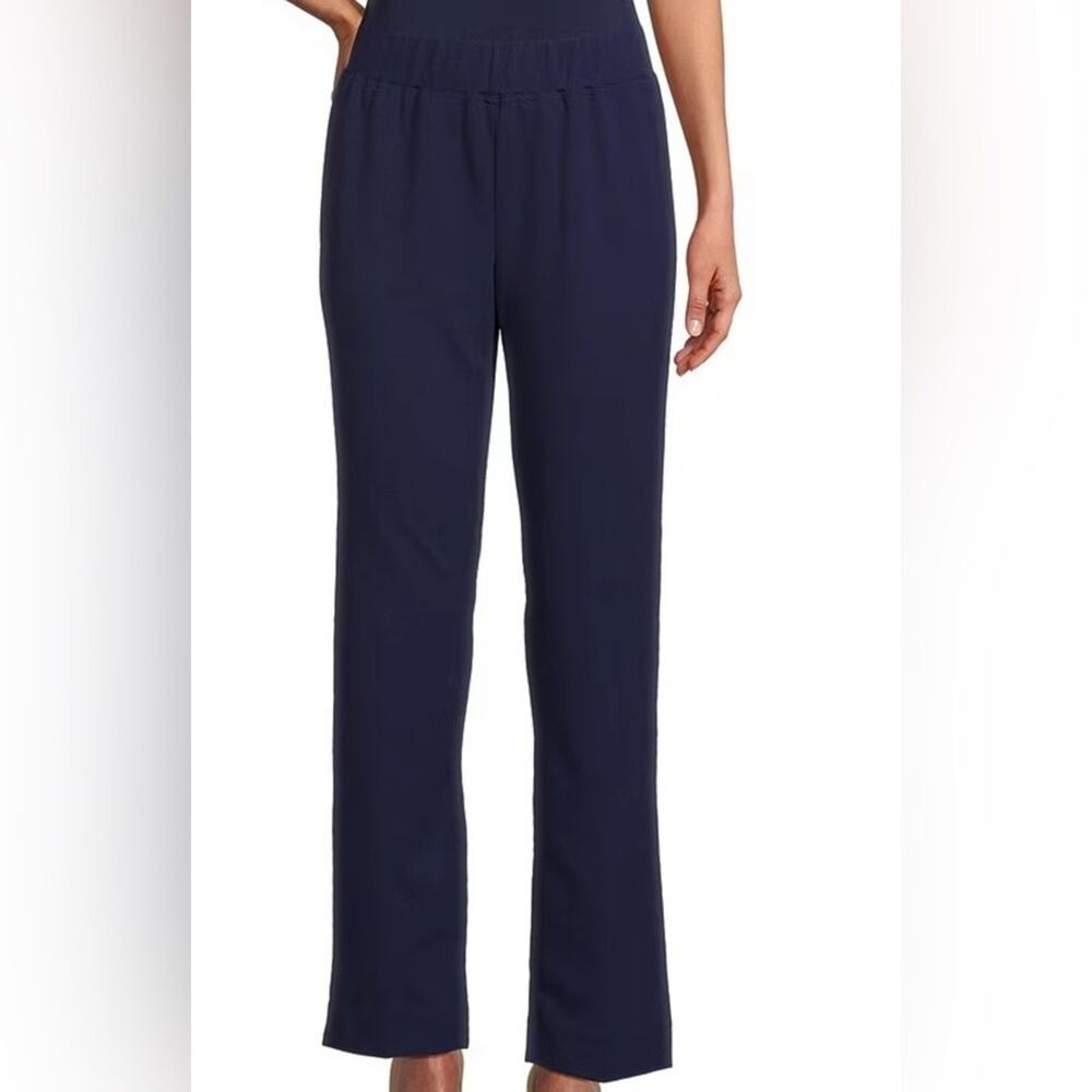 Ming Wang Deco Crepe Pull-On Pants 2X Navy Blue Stretch Slit Hem Travel NWOT